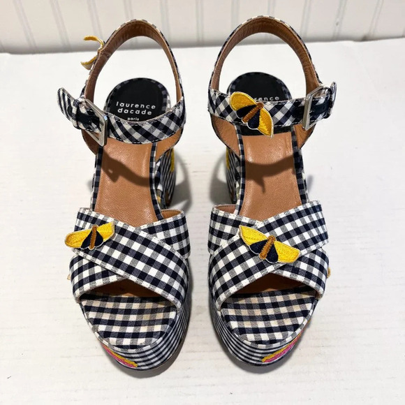 Laurence Dacade Helissa Navy Gingham Floral Embroidered Preppy Wedge Heels 39 - Picture 3 of 10